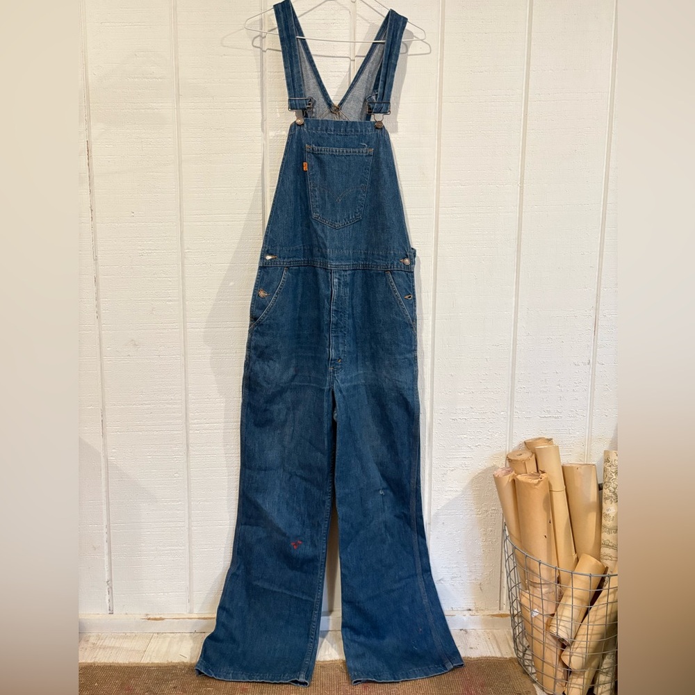 Vintage 1970s Orange Tab Bib Overalls Flare Bottoms 36